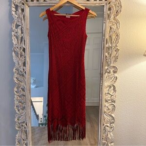 Beautiful vintage crochet lace red dress with fringe at the bottom